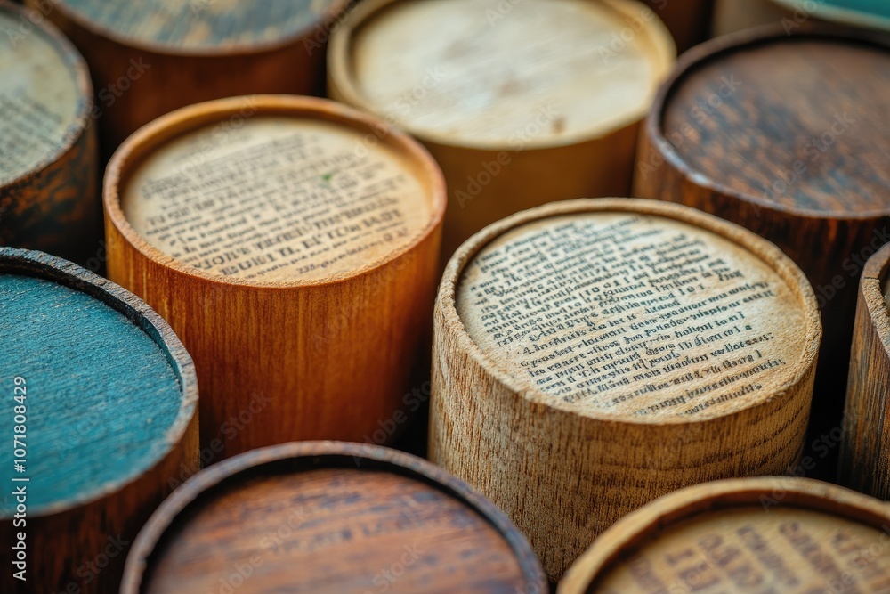 Antique wooden prayer wheels showing tibetan script, preserving ancient wisdom Antique wooden prayer wheels showing tibetan script, preserving ancient wisdom