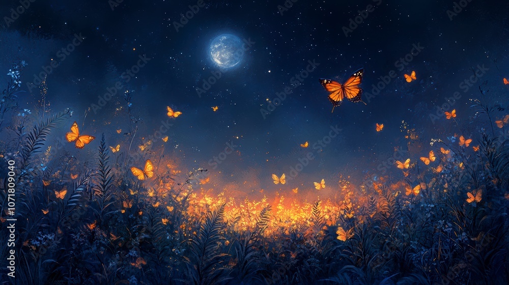 Magical Night Garden with Butterflies