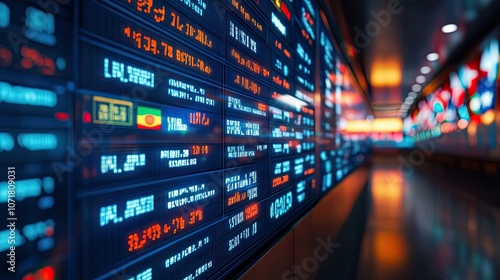 A close-up view of a stock ticker displaying numbers and currency symbols.