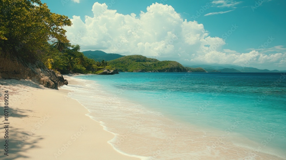 Fototapeta premium A pristine white sand beach with crystal clear turquoise water and lush green vegetation.