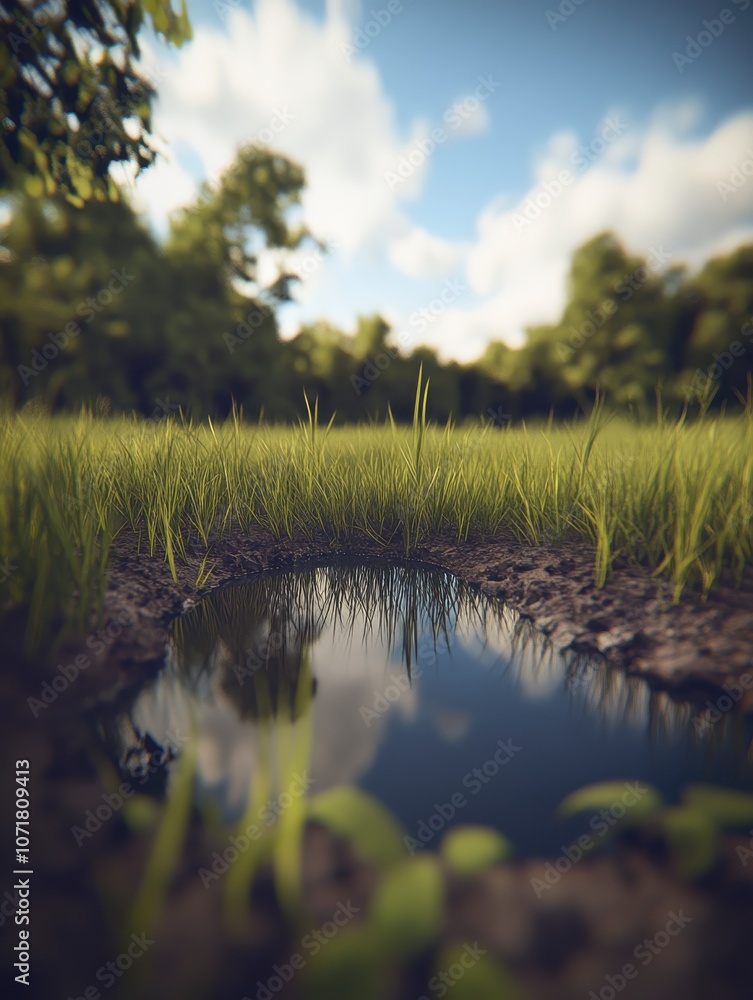 Obraz premium Tranquil Meadow Puddle Reflection
