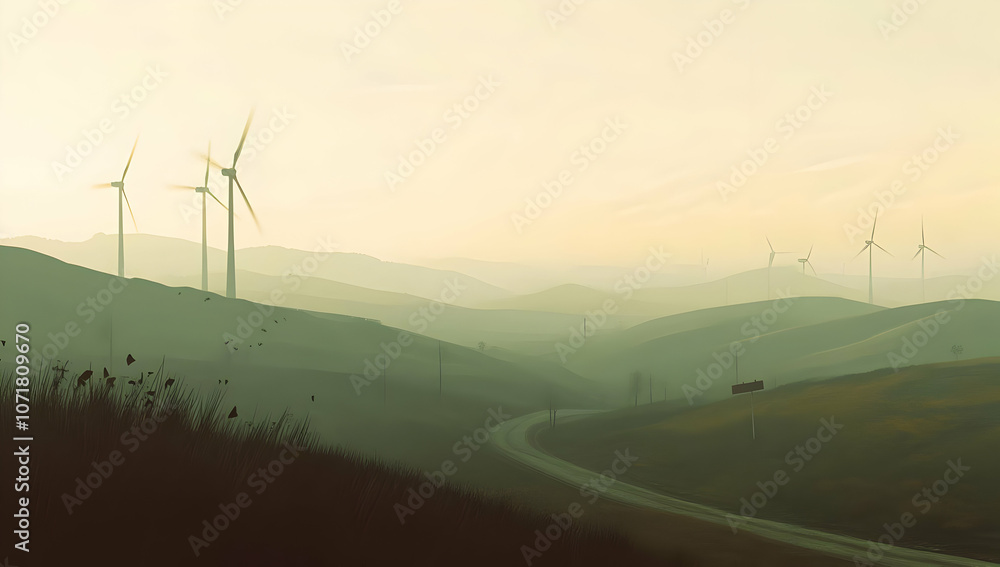 A serene landscape with rolling hills, wind turbines, and a winding road at dusk. A serene landscape with rolling hills, wind turbines, and a winding road at dusk.