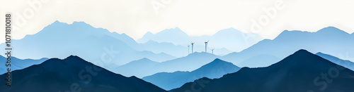 A serene mountain landscape with layered peaks and wind turbines in the distance.