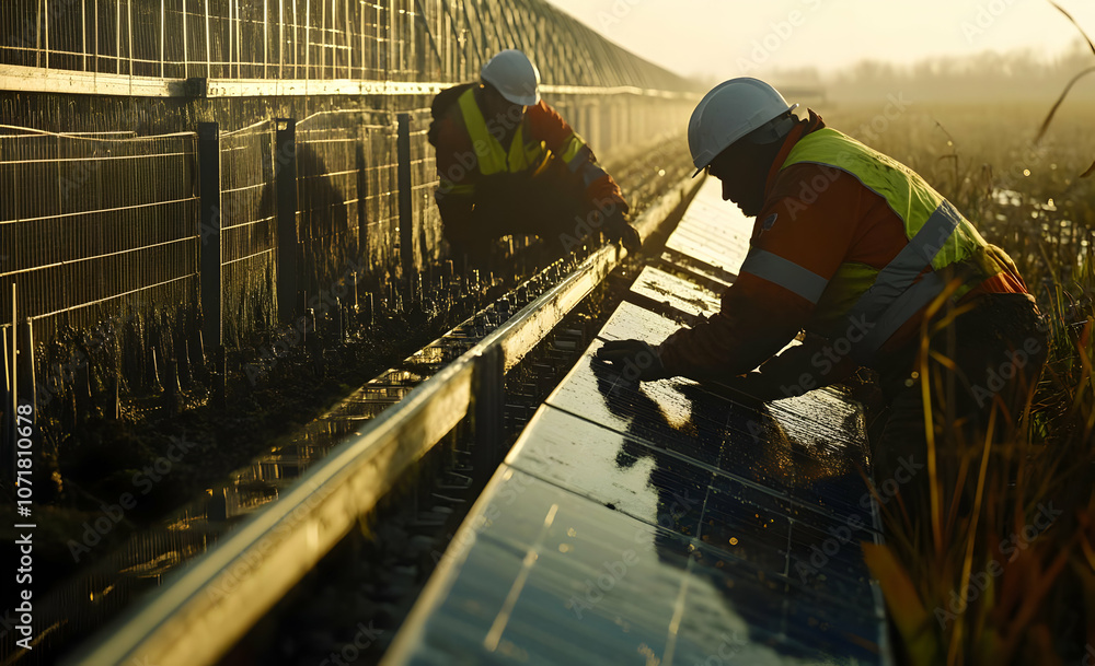 Workers maintaining solar panels in a field during sunrise. Workers maintaining solar panels in a field during sunrise.