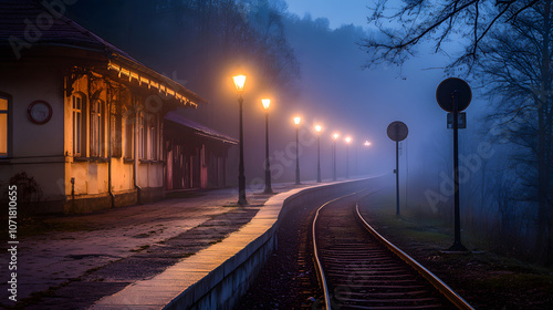 Verlassener Bahnhof in nebliger Nacht photo