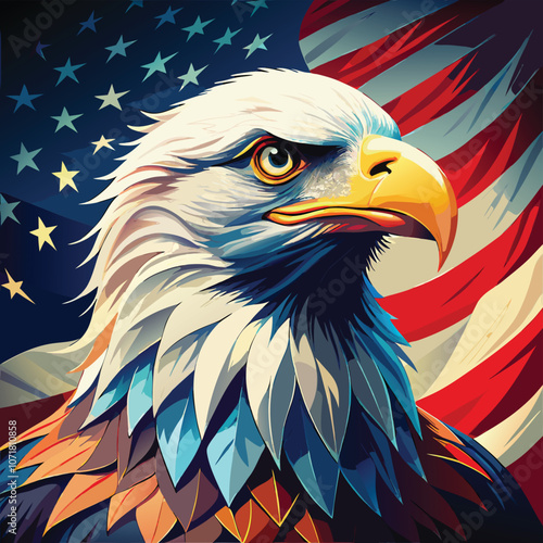Majestic eagle illustration with American flag, vibrant colors, patriotic symbol, poster