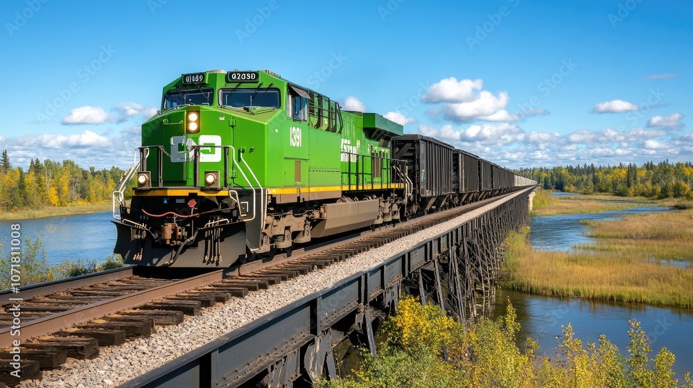 Naklejka premium A green cargo train traverses a majestic steel bridge above a shimmering river under bright sunlight, capturing nature's beauty and industry