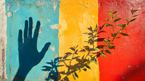 Schatten einer Hand und Pflanze auf bunter Wand photo