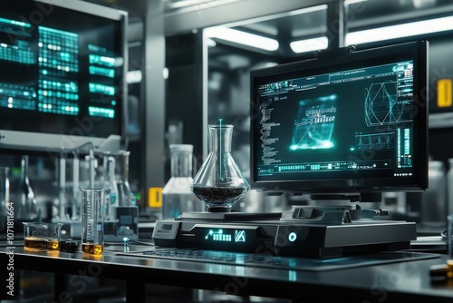 Wallpaper Mural Sleek laboratory setup showcasing a precision scale with a glass flask, surrounded by advanced scientific instruments and vibrant digital displays, capturing a high-tech and professional research  Torontodigital.ca