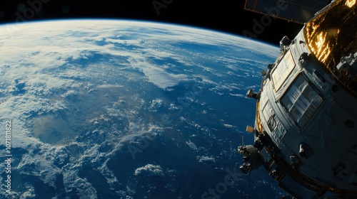 A view of Earth from space, showcasing the planet's surface and a spacecraft nearby.