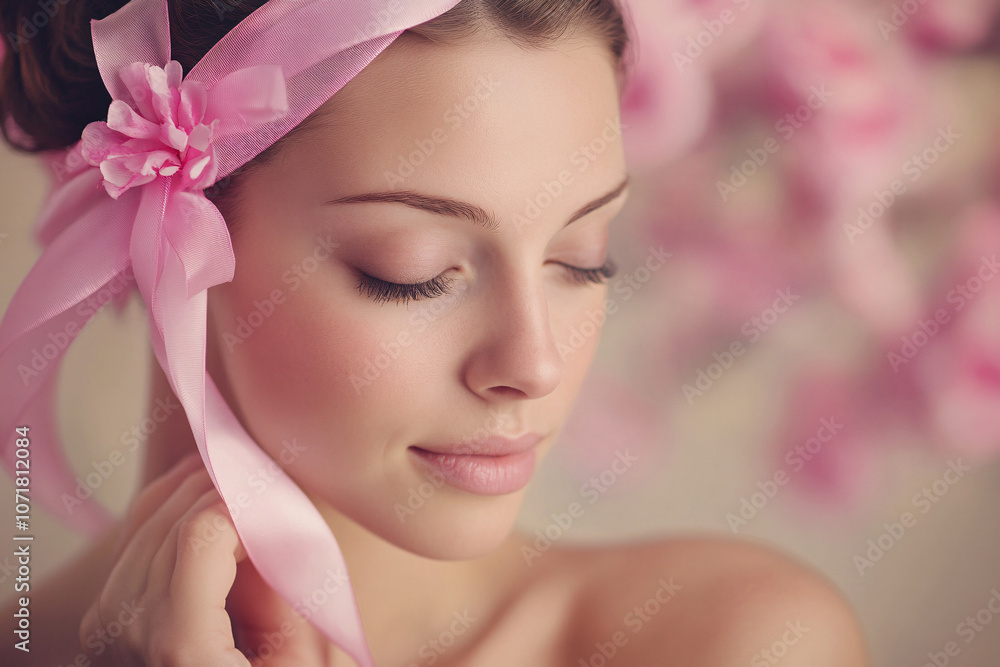 Fototapeta premium beautiful woman with pink flower bow on head