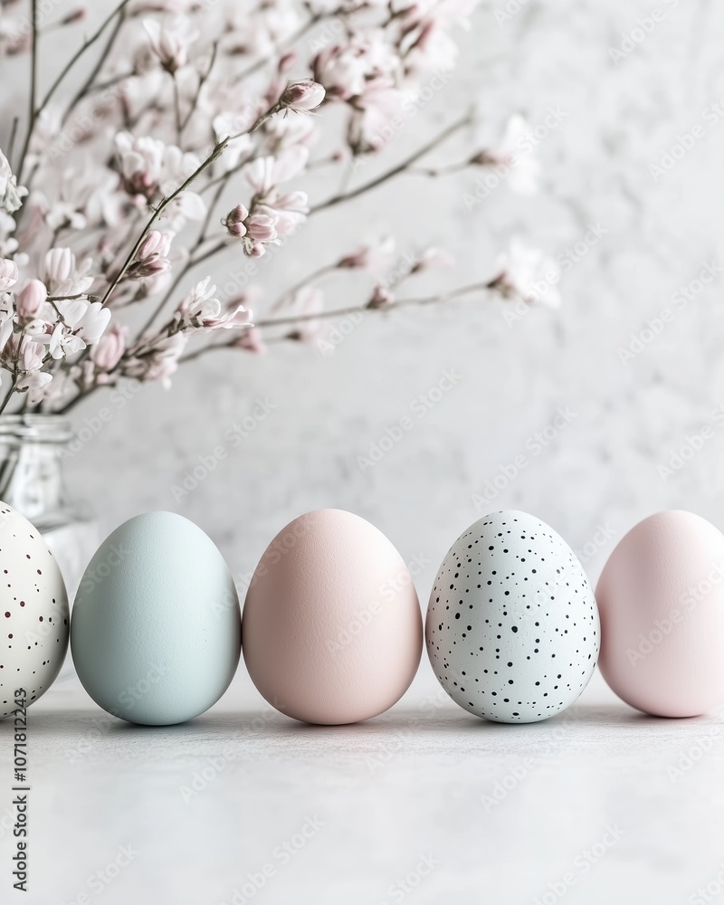Delicate pastel and speckled Easter eggs arranged in a line with soft pink blossoms on white textured background Delicate pastel and speckled Easter eggs arranged in a line with soft pink blossoms on white textured background