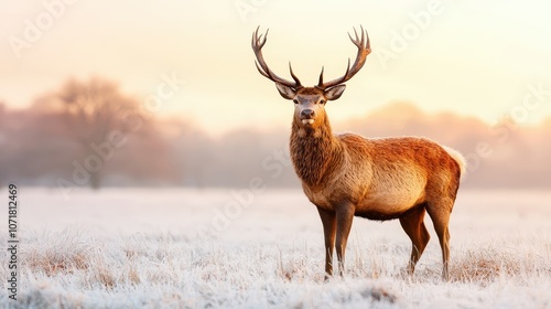 Majestic Red Deer Buck in Frosted Field at Dawn