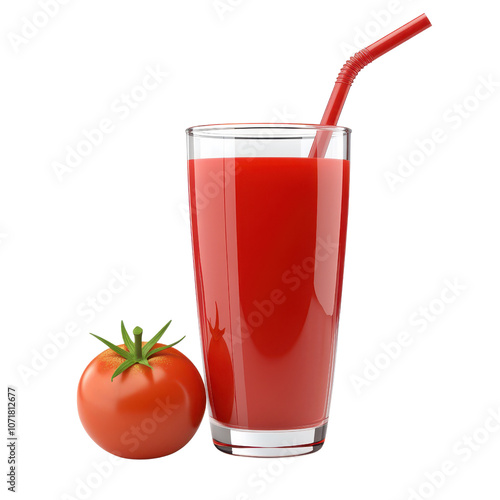 A vibrant glass of tomato juice with a red straw, accompanied by a fresh tomato, emphasizing the drink's natural ingredients., isolated on a transparent background.