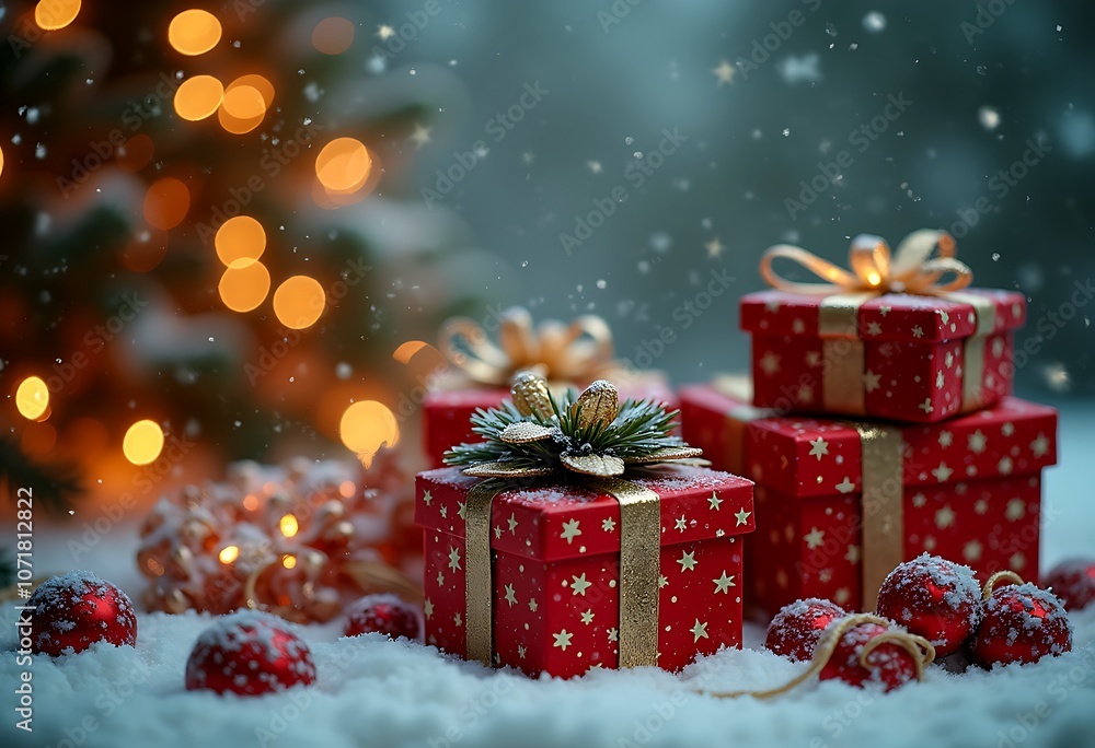 Pile of red Christmas giftboxes with baubles on snowy floor with Christmas decoration in falling snow at night Pile of red Christmas giftboxes with baubles on snowy floor with Christmas decoration in falling snow at night
