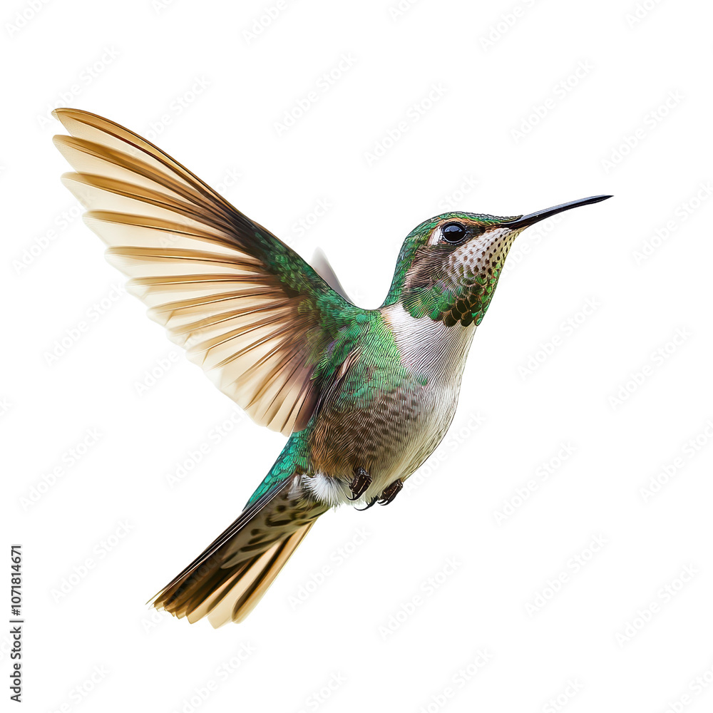Fototapeta premium A vividly colored hummingbird flits mid-air, showcasing iridescent feathers and gracefully outstretched wings., isolated on a transparent background.