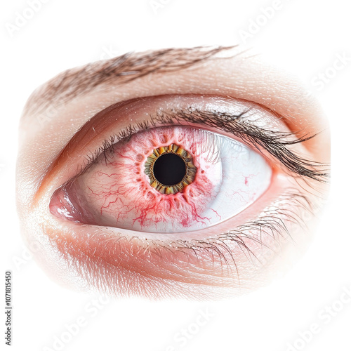 A close-up of a human eye showing intense redness and distinct features, highlighting the iris and pupil. photo