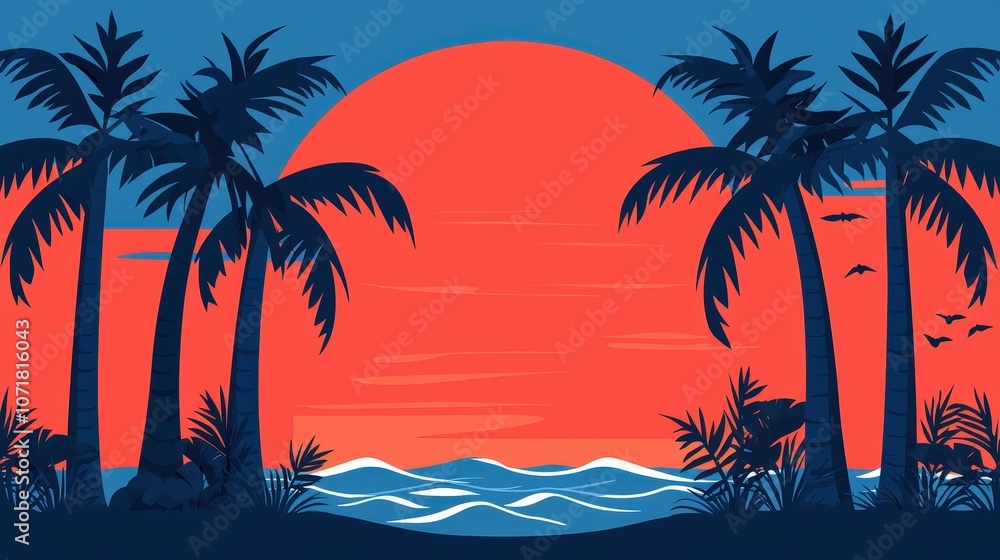 Fototapeta premium Tropical Sunset Silhouette Palm Trees Beach Ocean Illustration