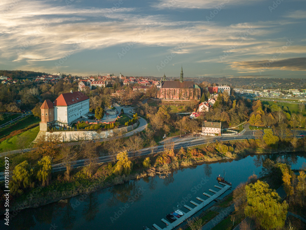 Sandomierz seen from above on an autumn morning, Poland.
