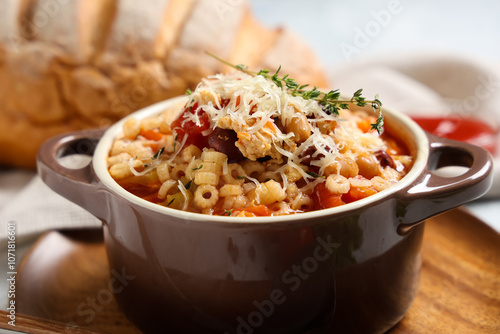 Bowl of pasta fagioli with cheese and thyme on white background photo