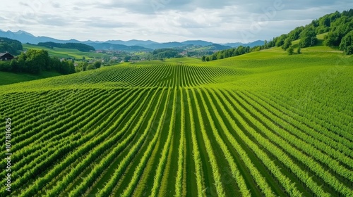 Lush Green Vineyard Landscape Under Cloudy Sky with Rolling Hills and Mountains in the Background - Aerial View of Cultivated Grapevine Fields in Spring