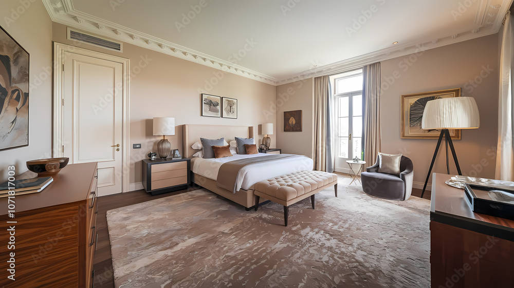 Spacious and elegantly designed bedroom featuring a king-sized bed, wooden furniture, stylish lamps, and large windows with natural light, creating a warm and inviting atmosphere. Spacious and elegantly designed bedroom featuring a king-sized bed, wooden furniture, stylish lamps, and large windows with natural light, creating a warm and inviting atmosphere.