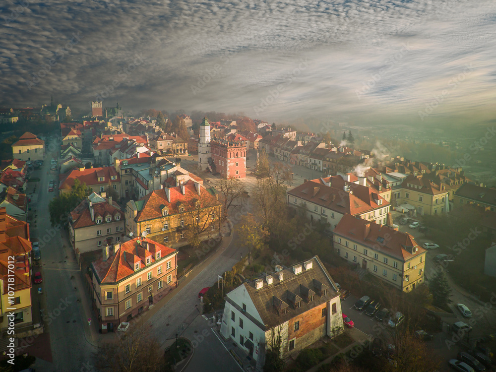 Sandomierz seen from above on an autumn morning, Poland.