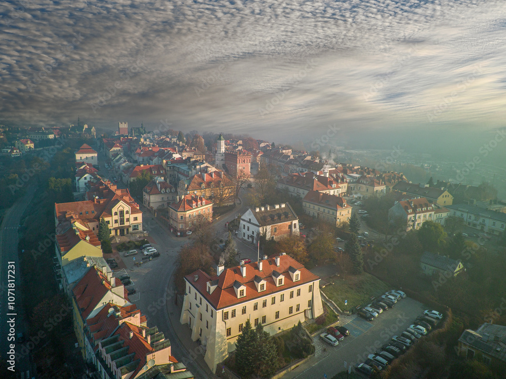 Sandomierz seen from above on an autumn morning, Poland.