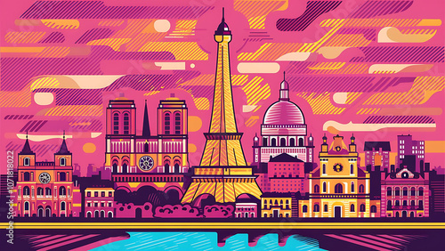 Sketch of Paris Skyline. Vector Art of the Paris Skyline: Iconic Landmarks and Timeless Beauty. photo