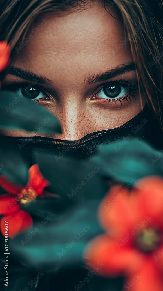 A woman's eyes peek through a veil of red flowers and green leaves A woman's eyes peek through a veil of red flowers and green leaves