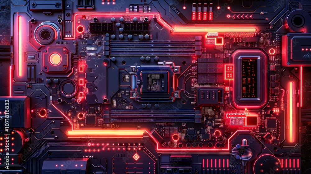 A vibrant close-up of a circuit board with neon lights, showcasing technology and design. A vibrant close-up of a circuit board with neon lights, showcasing technology and design.