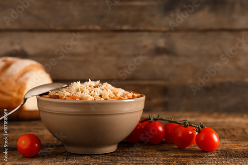 Bowl of pasta fagioli with cheese and tomatoes on wooden background photo