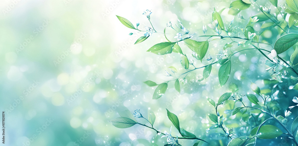 Delicate white blossoms and green leaves sway gently in the summer breeze, creating a beautiful, peaceful scene Delicate white blossoms and green leaves sway gently in the summer breeze, creating a beautiful, peaceful scene