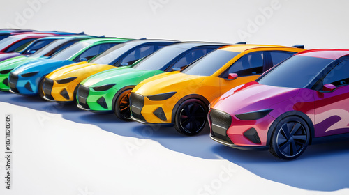 A collection of colorful, lifelike 3D cars. These include modern hatchbacks designed for comfort and safety, featuring the latest technology like hybrids and electric vehicles.