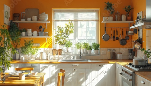 Empty kitchen with a window, white cabinets, and a countertop in a light orange color scheme. The scene is bright and cheerful, with pastel colors.