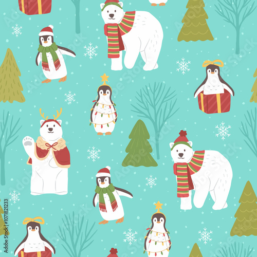Seamless Winter Christmas pattern of north pole animals cute vector illustration