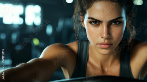 A dynamic shot of a girl working out on a rowing machine, with a look of focus as she pulls back with strong arms. The gym around her is bustling with activity, with equipment visi photo