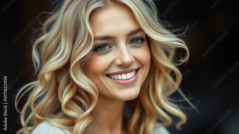 A woman with long, blonde, curly hair smiles brightly while looking at the camera A woman with long, blonde, curly hair smiles brightly while looking at the camera