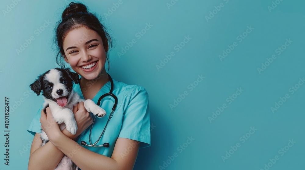 pretty vet doctor holding puppy pet dog isolated on blue. ai generated pretty vet doctor holding puppy pet dog isolated on blue. ai generated