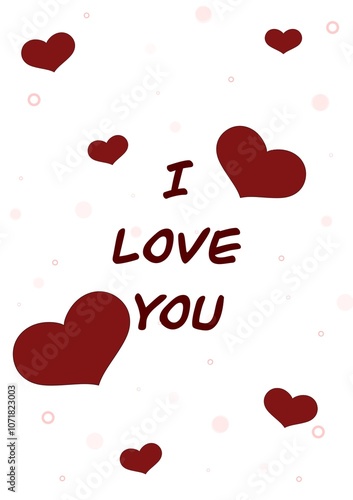 Valentine's Day card, postcard with hearts, different shades of red color. With text I love you