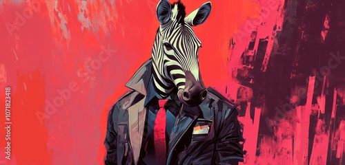 AI-generated zebra in fashionable attire including a stylish jacket and tie. photo