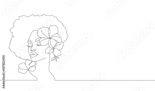 Afro American woman face silhouette one line continuous. Line art afro female face with flowers. Hand drawn pretty black skinned woman's face for logo, emblem, web banner. Flat vector illustration.
