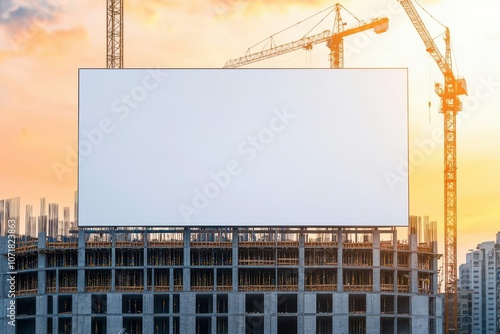 A construction site at sunset featuring a large blank billboard, surrounded by cranes and unfinished building structures.