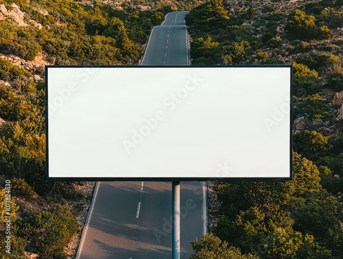 A blank billboard stands beside a winding road, surrounded by green vegetation and rocky hills, inviting attention to its empty advertising space.