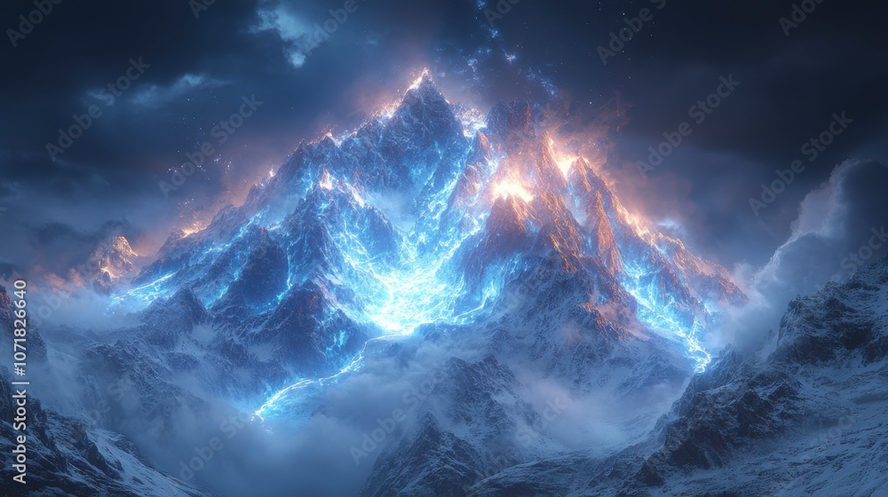 Fototapeta premium Frozen Mountain Range Illuminated by Lightning