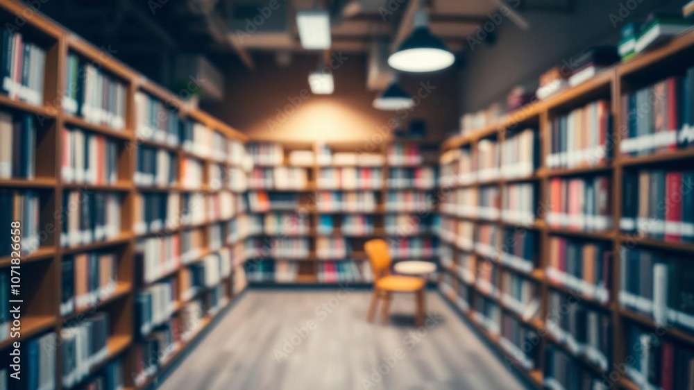 Fototapeta premium Blurred library interior with shelves of books, creating a picturesque backdrop for educational projects and business presentations, blurry room, library