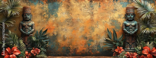 Vintage Tiki Room background with a South Seas feel, tropical and tattered in appearance. Faded to a worn look, it features two large carved wood statues of ancient gods