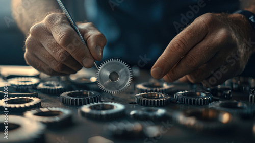 A close-up of hands meticulously working with gears on a table, showcasing craftsmanship and precision in mechanical assembly.