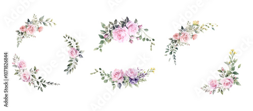 Vector watercolor floral border wreath. Spring pink roses frame with leaves, yellow grass flowers. Cards, invitations, decorative borders garlands. Wedding, Mother's Day, Valentine's Day, Women's Day