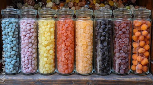 Vibrant assortment of colorful candies in jars on display
